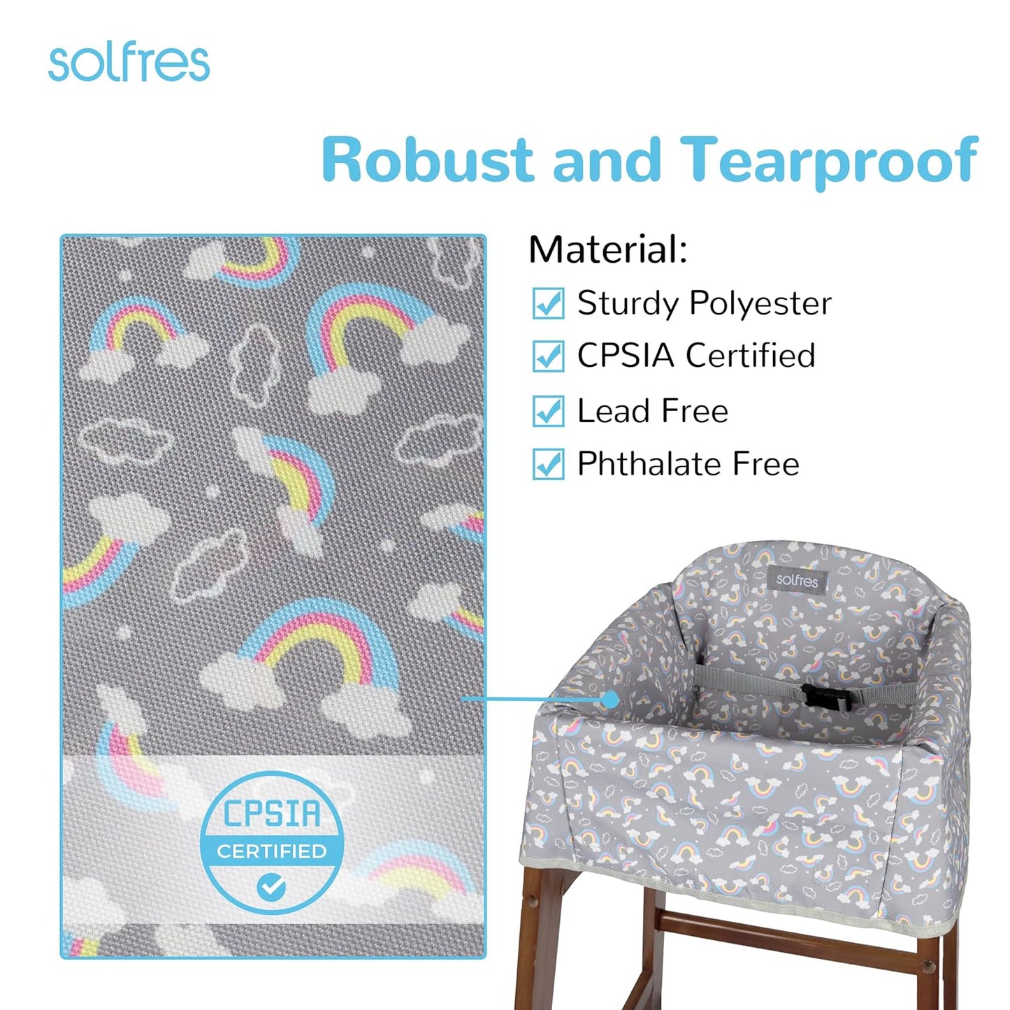 Dual-Belt Baby High Chair Cover, Upgrade Version, for Wooden or Restaurant High Chair, Sturdy and Robust Material, Waterproof Washable Stain and Slip Resistant, Gray Rainbow