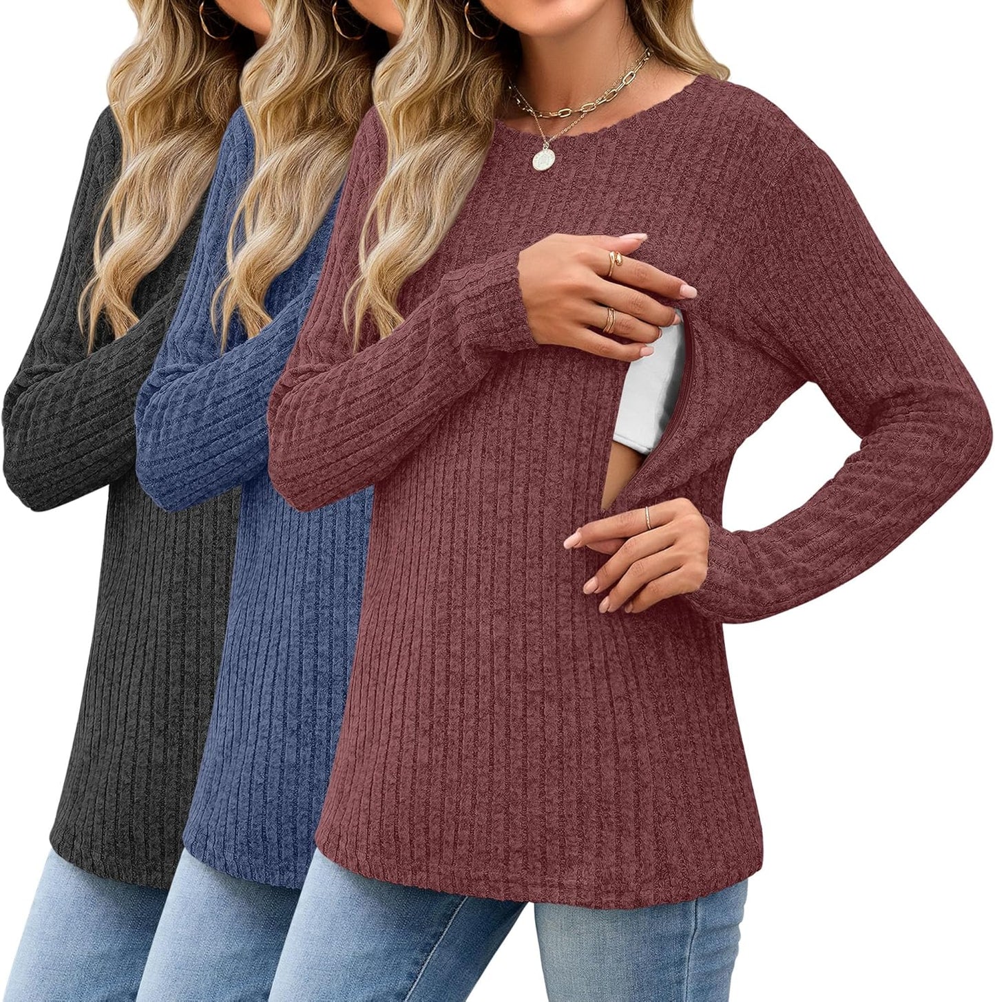 3 Pack Women's Nursing Long Sleeve Tops Breastfeeding Thermal Sweaters with Hidden Zipper Maternity Ribbed Shirts