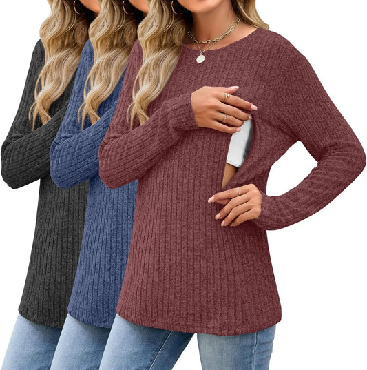 3 Pack Women's Nursing Long Sleeve Tops Breastfeeding Thermal Sweaters with Hidden Zipper Maternity Ribbed Shirts