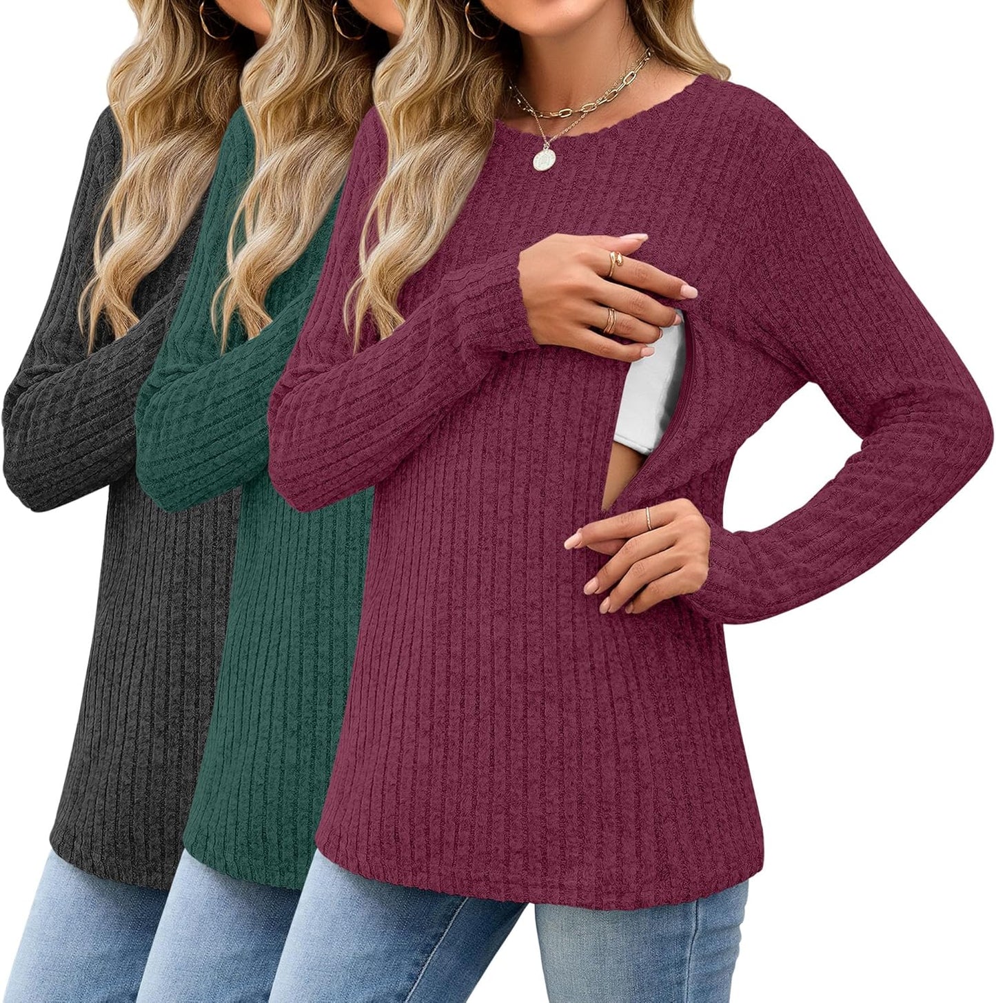 3 Pack Women's Nursing Long Sleeve Tops Breastfeeding Thermal Sweaters with Hidden Zipper Maternity Ribbed Shirts