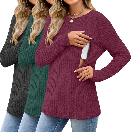 3 Pack Women's Nursing Long Sleeve Tops Breastfeeding Thermal Sweaters with Hidden Zipper Maternity Ribbed Shirts