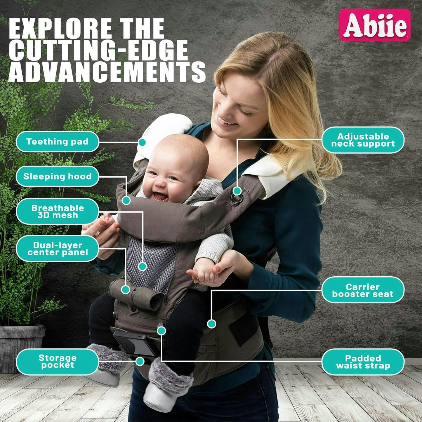 Abiie HUGGS 3-in-1 Baby Carrier with Hip Seat - Front Facing, Hip Hugger, Back Baby Carrier - Healthy Sitting (M) Position, 3 Mos.-Toddler - Buckle Type Closure - Approved by US Safety Standards