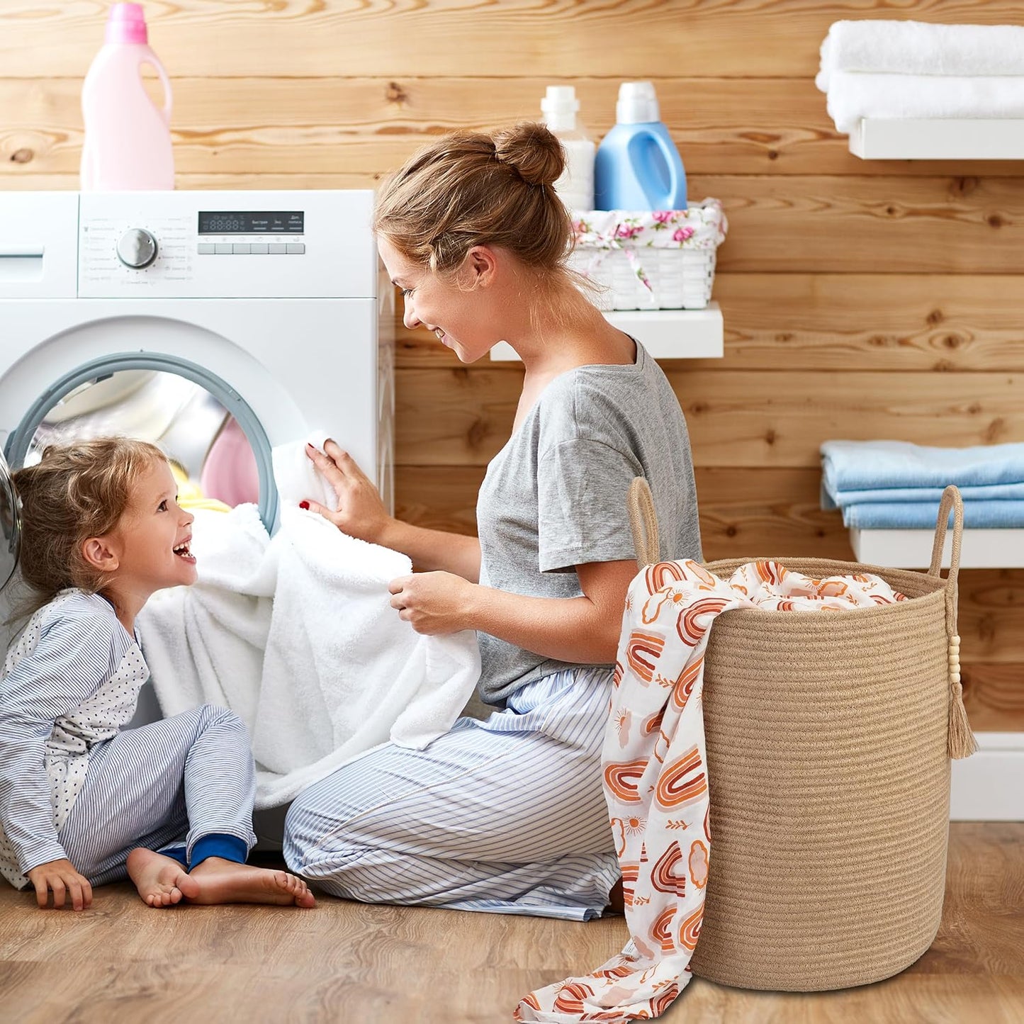 Rope Laundry Basket Laundry Hamper for Clothes Woven Storage Basket for Living Room Bedroom Boho Tall Rope Baskets for Blanket Toys Pillow Towels Baby Nursery Hamper Bin jute