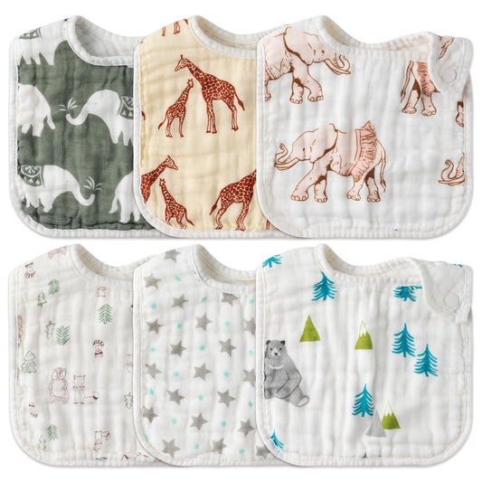 Zainpe 6Pcs Snap Muslin Cotton Baby Bibs Bear Fox Infants Drooling Bib Soft Absorbent Adjustable Burp Cloth Machine Washable Feeding Cloths for Newborn Girl Boy Toddler Teething Eating 0 to 36 Months