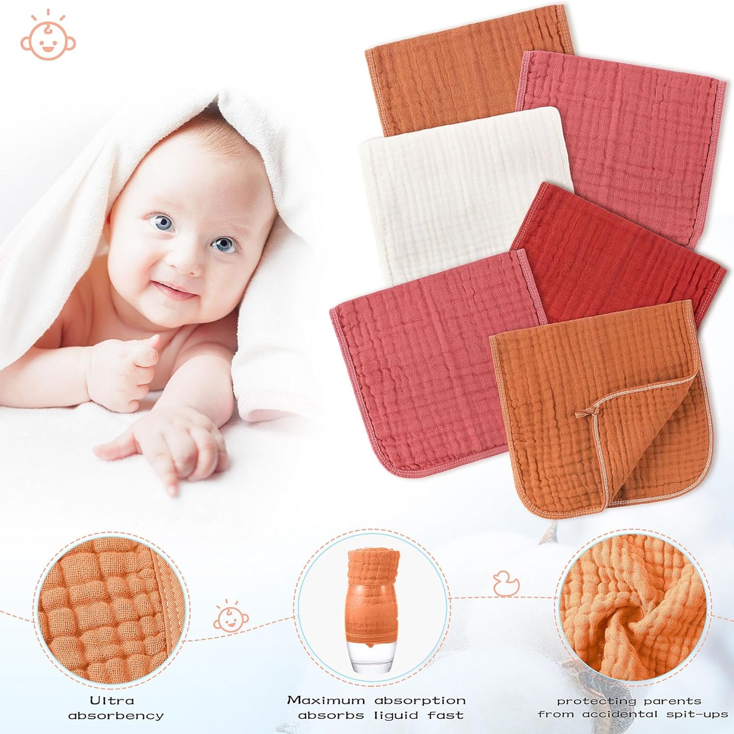 Buryeah Muslin 20 Pcs Burp Cloths Large 20" x 10" 100% Cotton 6 Layers Ultra Absorbent and Soft Hand Washcloths for Baby Drool and Messes Gentle Burp Cloth for Boys & Girls(Multi Colors)