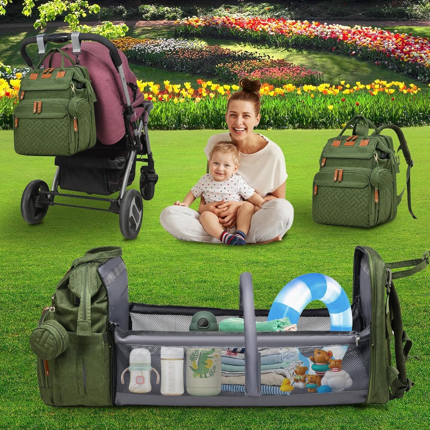 Baby Bag Diaper Bags with Changing Station, Large Capacity Diaper Bag Backpack for Moms Dads with USB Charging Port, Waterproof Diaper Backpack（Army Green）