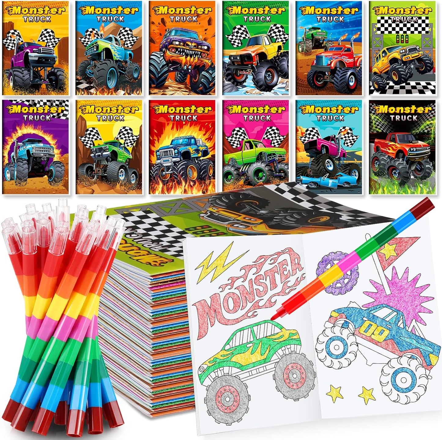 BenLouis 12 Monster Truck Mini Coloring Books Kids with 12 Stacking Crayons Car wheels Party Favors Small Activity Books Bulk for Kids Monster Truck Party Gift Goodie Bag Stuffers