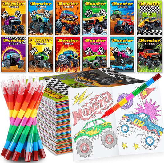 BenLouis 12 Monster Truck Mini Coloring Books Kids with 12 Stacking Crayons Car wheels Party Favors Small Activity Books Bulk for Kids Monster Truck Party Gift Goodie Bag Stuffers