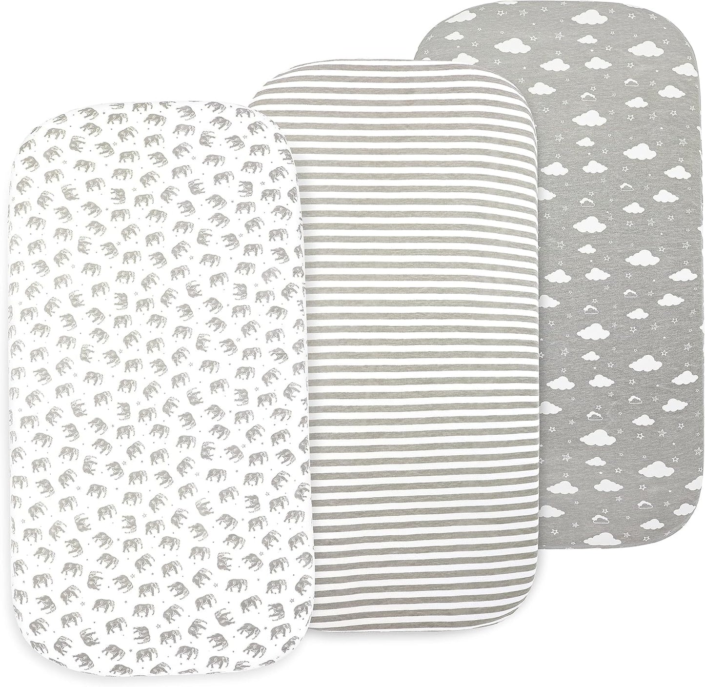 Baby Bassinet Sheet Set for Boy and Girl, 3 Pack Organic Jersey Cotton Universal Fitted Bedding Cover for Oval, Hourglass & Rectangle Bassinet Mattress, Fitted Sheets Size 32 x 16 x 4 Inches
