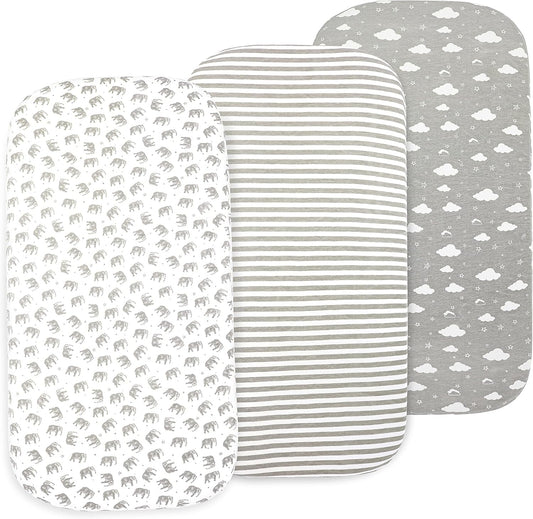 Baby Bassinet Sheet Set for Boy and Girl, 3 Pack Organic Jersey Cotton Universal Fitted Bedding Cover for Oval, Hourglass & Rectangle Bassinet Mattress, Fitted Sheets Size 32 x 16 x 4 Inches