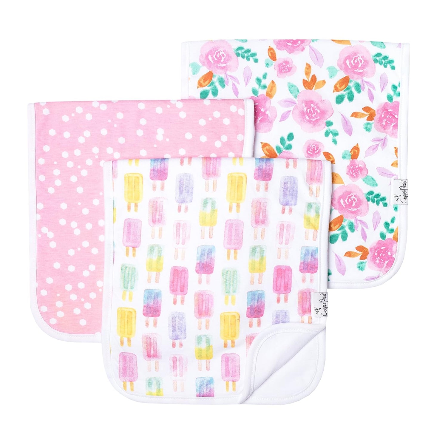 Copper Pearl Premium Baby Burp Cloths - 3-Pack Large Cotton Burp Cloths, Extra Soft Spit Up Rags with 3 Absorbent Layers, Perfect for Baby Girl Gifts (21" x 10" Size, Summer Set)