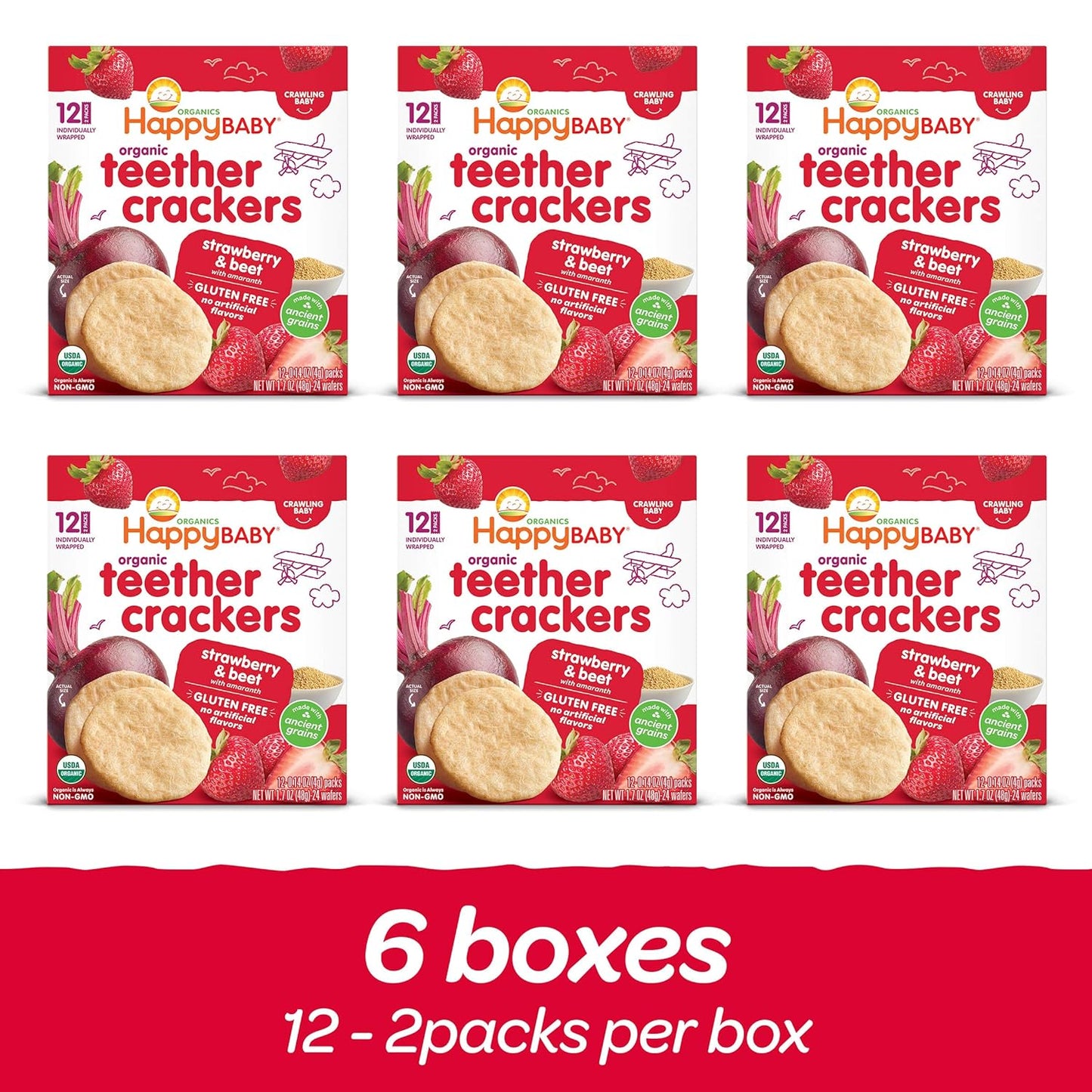 Happy Baby Organics Baby Snacks, Gentle Teething Crackers, Gluten Free & Vegan, Strawberry & Beet, 12 Count (Pack of 6)