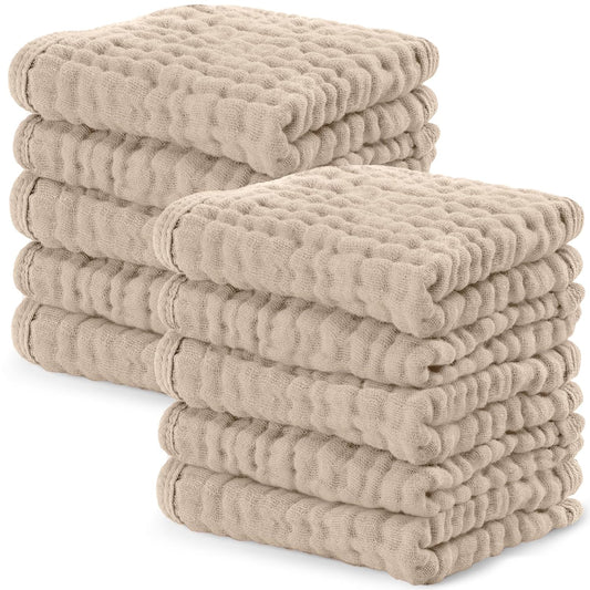 Comfy Cubs Muslin Baby Washcloths 10 Pack - Soft 6-Layer Cotton Wash Cloths for Sensitive Skin - 10"x10" Large, Gentle, Absorbent Infant Essentials for Newborn and Toddlers - Sand