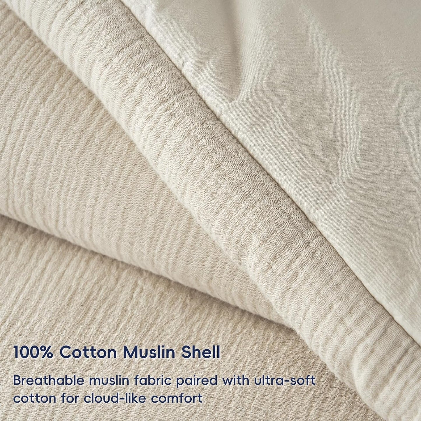 PHF Cotton Muslin Comforter Set Queen Size – Ultra Soft, Breathable & Lightweight Bedding Set for All Seasons, 3 Pieces - 1 Comfy Comforter 90"x90", 2 Pillow Shams 20"x26", Natural