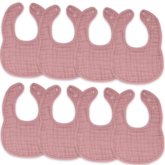 Comfy Cubs Muslin Bibs for Babies, Pack of 8 - Soft and Highly Absorbent, Feeding, Drool and Teething Bib, Adjustable Snaps - Stylish & Colorful Unisex Designs, Giftable Set - Mauve
