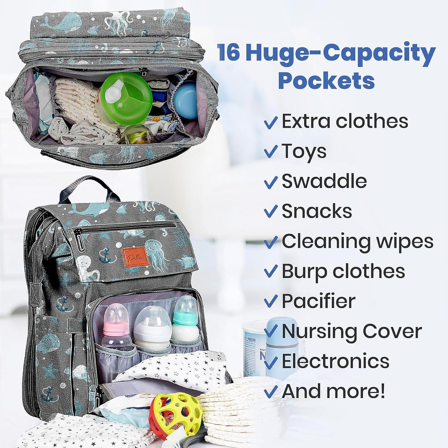 PILLANI Baby Diaper Bag Backpack - Large Bag for Boys & Girls, Waterproof Diaper Backpack - Travel Diaper Bags w/Changing Pad, Baby Registry Search & Shower Gifts - Essentials Must Haves Newborn Stuff