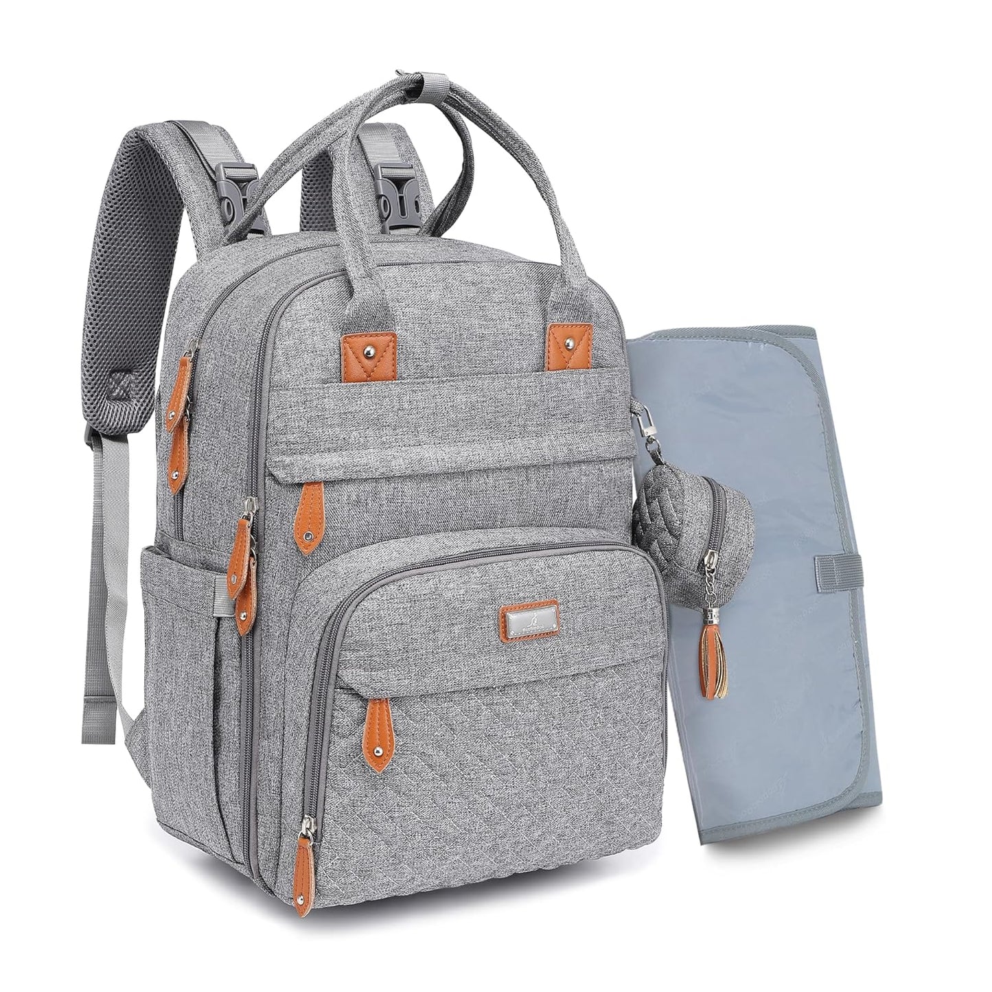 BabbleRoo Diaper Bag Backpack - Baby Essentials Travel Tote - Multi Function Water Resistant Diaper Bag, Travel Essentials Baby Bag with Changing Pad, Stroller Straps & Pacifier Case - Light Gray