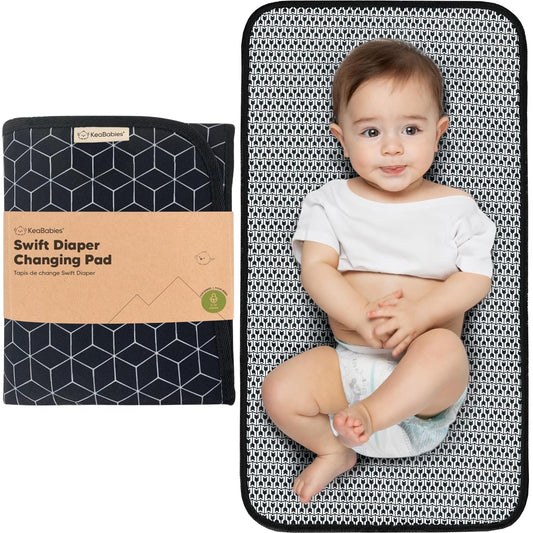 KeaBabies Portable Diaper Changing Pad, Easy Wipe Clean - Foldable Waterproof Baby Changing Mat for Diaper Bag, Compact, Lightweight, 25x13 Newborn, Infant, Baby Changer Travel Essential (Black Geo)