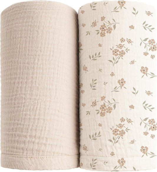 Konssy Muslin Swaddle Blankets for Boys Girls, 2 Pack Receiving Baby Blanket Large 47 x 47 inches, Soft Breathable Swaddling Wrap for Unisex Newborn (Blossom,Cream)