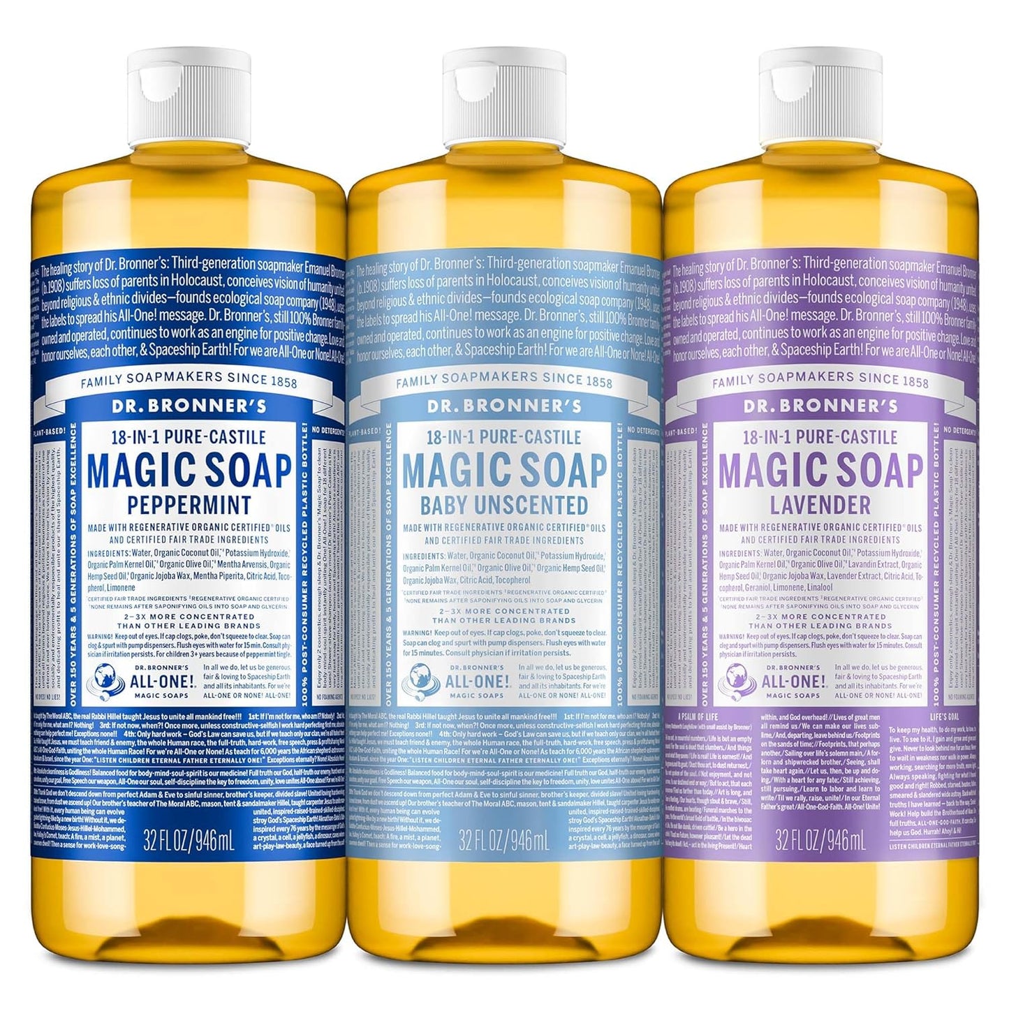 Dr. Bronner's Pure-Castile Magic Liquid Soap Made with Regenerative Organic Oils, Vegan, Concentrated, Body Wash- For Face, Hair, Laundry - 32oz Variety 3-Pack (Peppermint, Baby Unscented, Lavender)