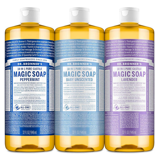 Dr. Bronner's Pure-Castile Magic Liquid Soap Made with Regenerative Organic Oils, Vegan, Concentrated, Body Wash- For Face, Hair, Laundry - 32oz Variety 3-Pack (Peppermint, Baby Unscented, Lavender)