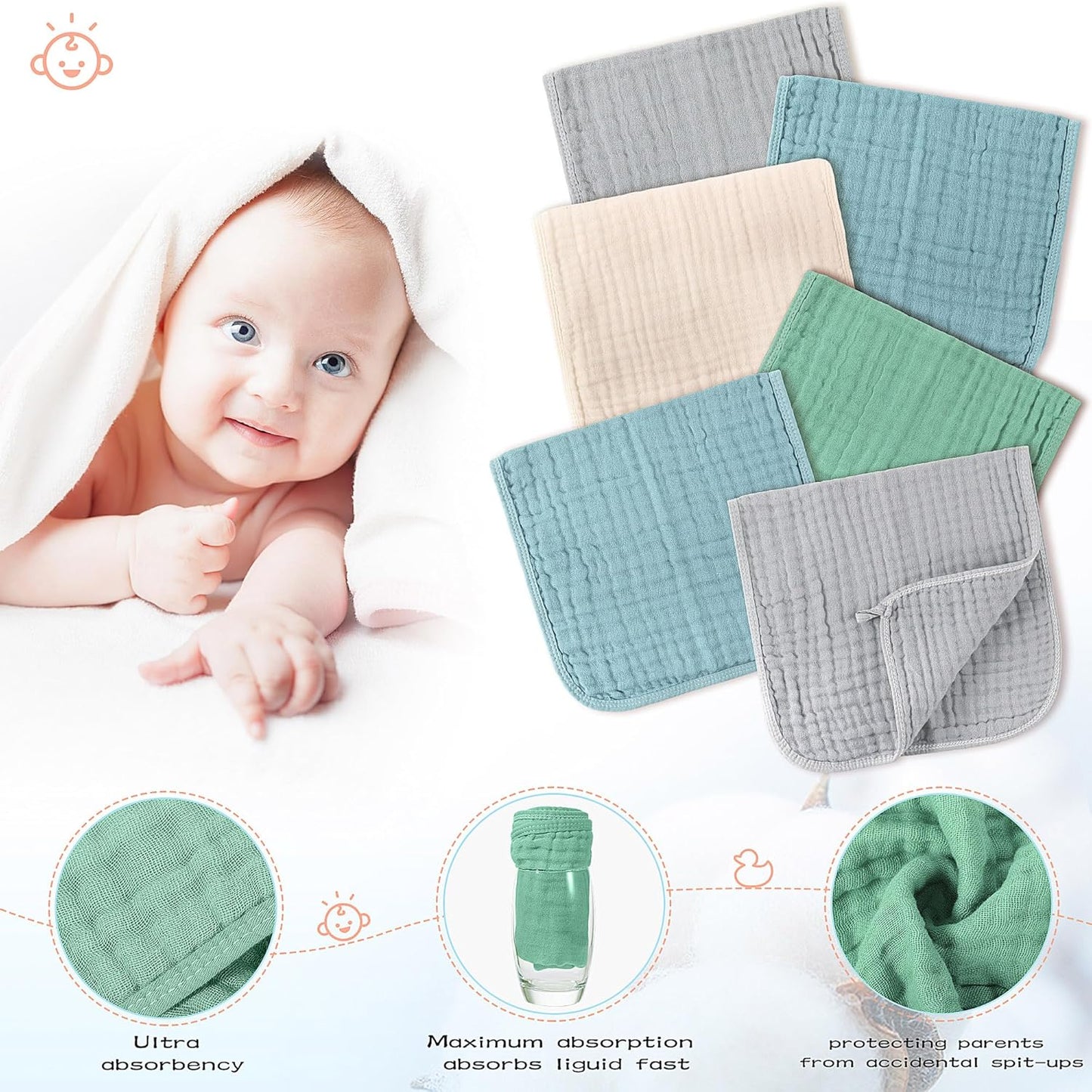 Buryeah Muslin 20 Pcs Burp Cloths Large 20" x 10" 100% Cotton 6 Layers Ultra Absorbent and Soft Hand Washcloths for Baby Drool and Messes Gentle Burp Cloth for Boys & Girls(Fresh Colors)