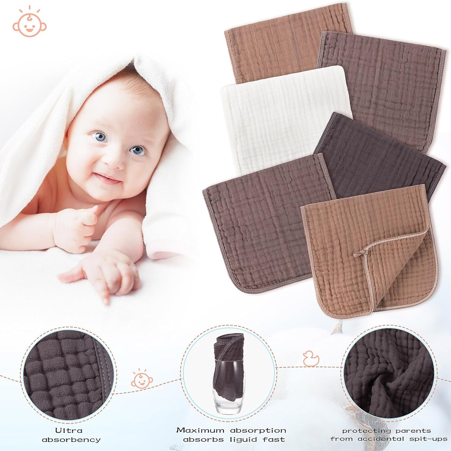Buryeah Muslin 20 Pcs Burp Cloths Large 20" x 10" 100% Cotton 6 Layers Ultra Absorbent and Soft Hand Washcloths for Baby Drool and Messes Gentle Burp Cloth for Boys & Girls(Vintage Colors)