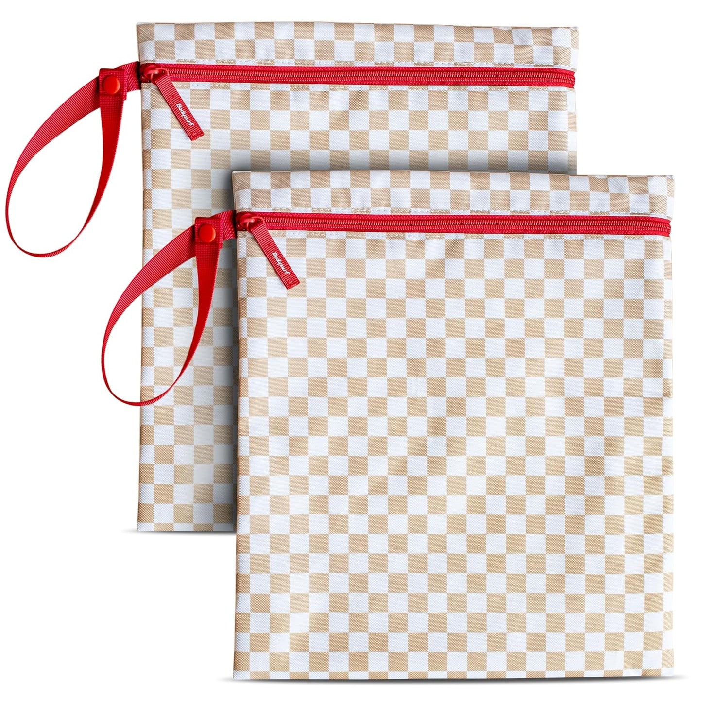 Bodysurf Wet Bags for Baby, Toddlers, Kids – 2 Pack Large Reusable Wetbag for Swimsuits, Diapers, Daycare, Gym, Laundry – Waterproof Diaper Bag Accessory & Baby Travel Essentials (Checkered, Tan)