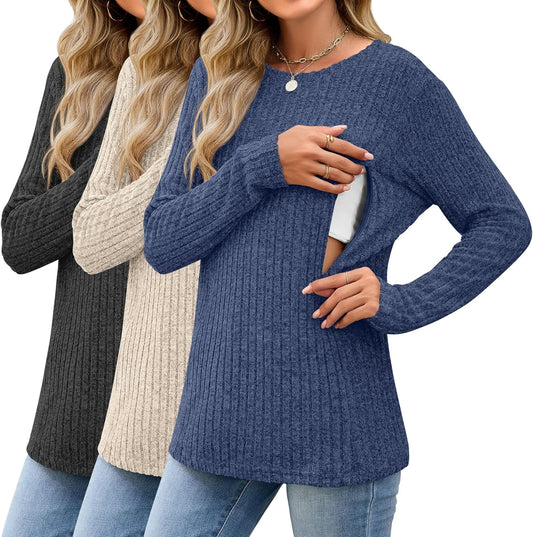 3 Pack Women's Nursing Long Sleeve Tops Breastfeeding Thermal Sweaters with Hidden Zipper Maternity Ribbed Shirts
