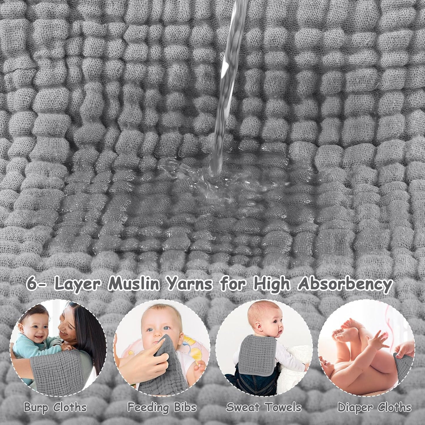 Looxii Muslin Burp Cloths 100% Cotton Muslin Cloths Large 20''x10'' Extra Soft and Absorbent 6 Pack Baby Burping Cloth for Boys and Girls (Grey)