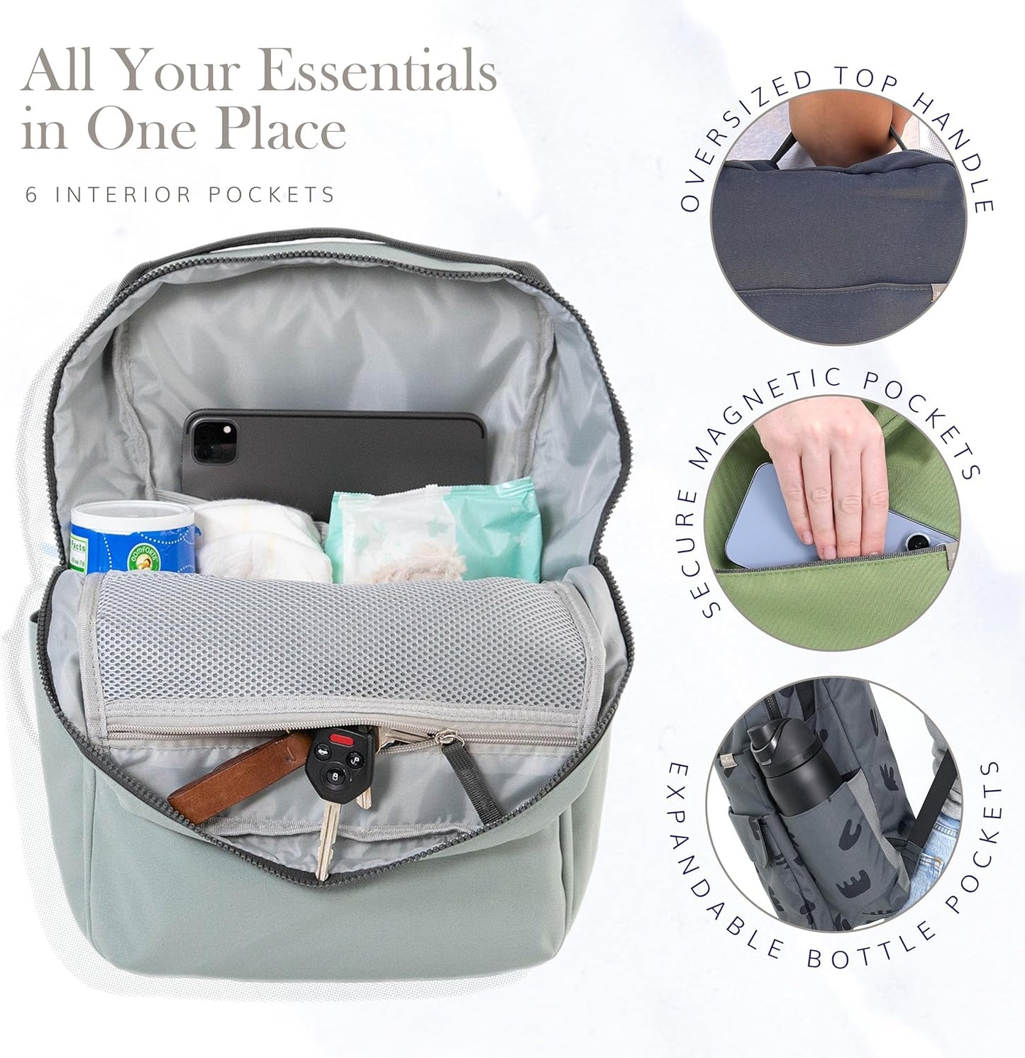 RED ROVR Roo Lightweight 1 LB Diaper Bag Backpack | 11 organizational pockets| Durable & Water-Resistant (Sage)