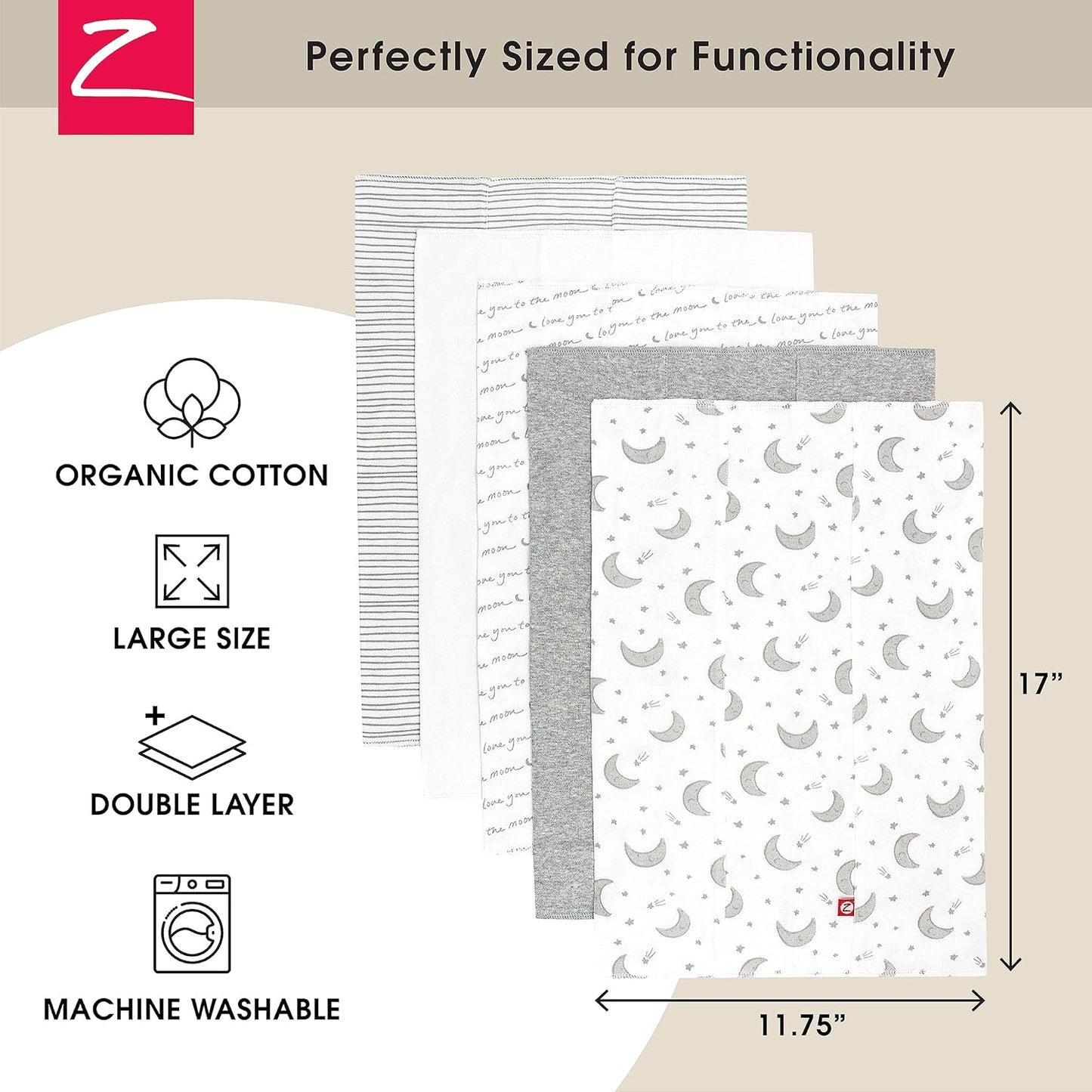 Zutano 5-Pack Organic Burp Cloths for Baby Girl & Boy, Large Cotton Burping Cloths for Babies | Absorbent Baby Spit-Up Rags | Gender Neutral Burp Clothes | Newborn Essentials, Love You to The Moon