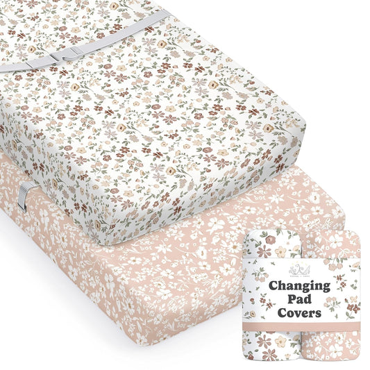 Baby Changing Pad Cover 2-Pack for Girls (Fleurette) - Premium Fitted Sheets Baby Diaper Changing Table Cover - Buttery Soft Cotton Blend
