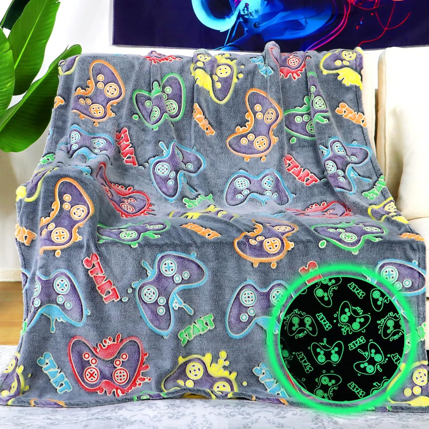 Gaming Toys Gifts for Teen Boys - Glow in The Dark Gaming Blanket Gamer Game Controller Throw for Kids Birthday Presents for Boys Age 8 9 10 11 12 13 14 15 Year Old Gamer Room Decor 50"x60"