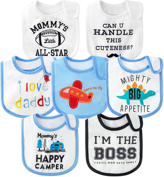 7Pcs Cotton Waterproof Baby Bibs Hook Loop Closure Newborn Bib Keepsake Baby Gift for Drooling Feeding Eating
