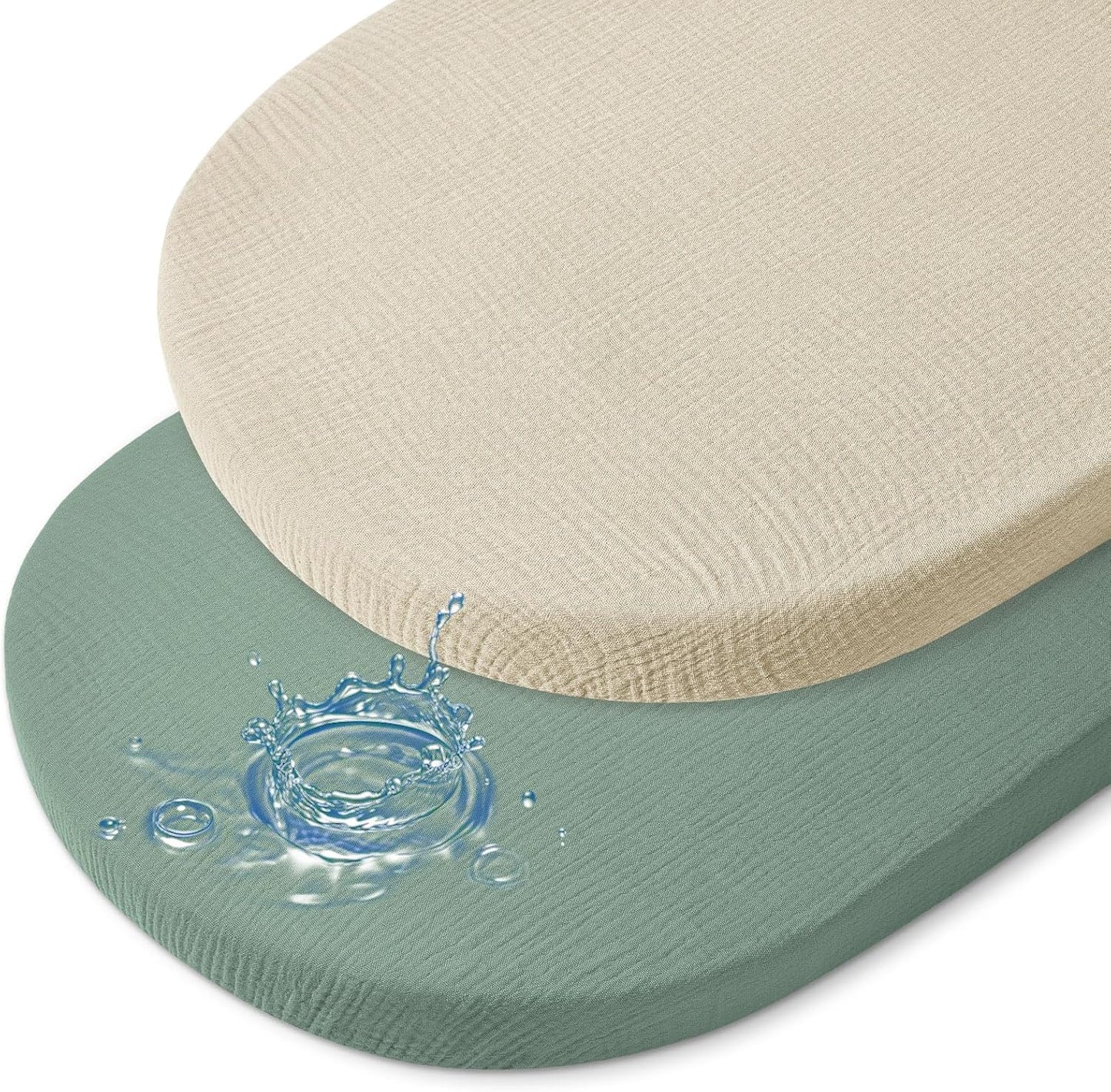 Baby Bassinet Sheets TPU Waterproof 2 Pack Soft Muslin Bedside Bassinet Mattress Sheets with Bottom Elastic Band for Baby Boy Girls Unisex Fit Hourglass Oval and Rectangle, Green Ivory