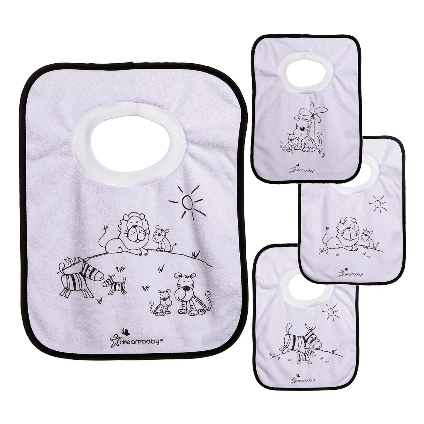 Dreambaby Terry Cloth Cotton Pullover Baby Bibs for Teething Feeding and Drooling - Super Absorbent & Extra Soft - Machine Washable - Jungle Animals