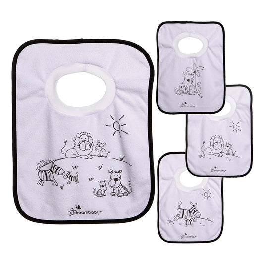 Dreambaby Terry Cloth Cotton Pullover Baby Bibs for Teething Feeding and Drooling - Super Absorbent & Extra Soft - Machine Washable - Jungle Animals