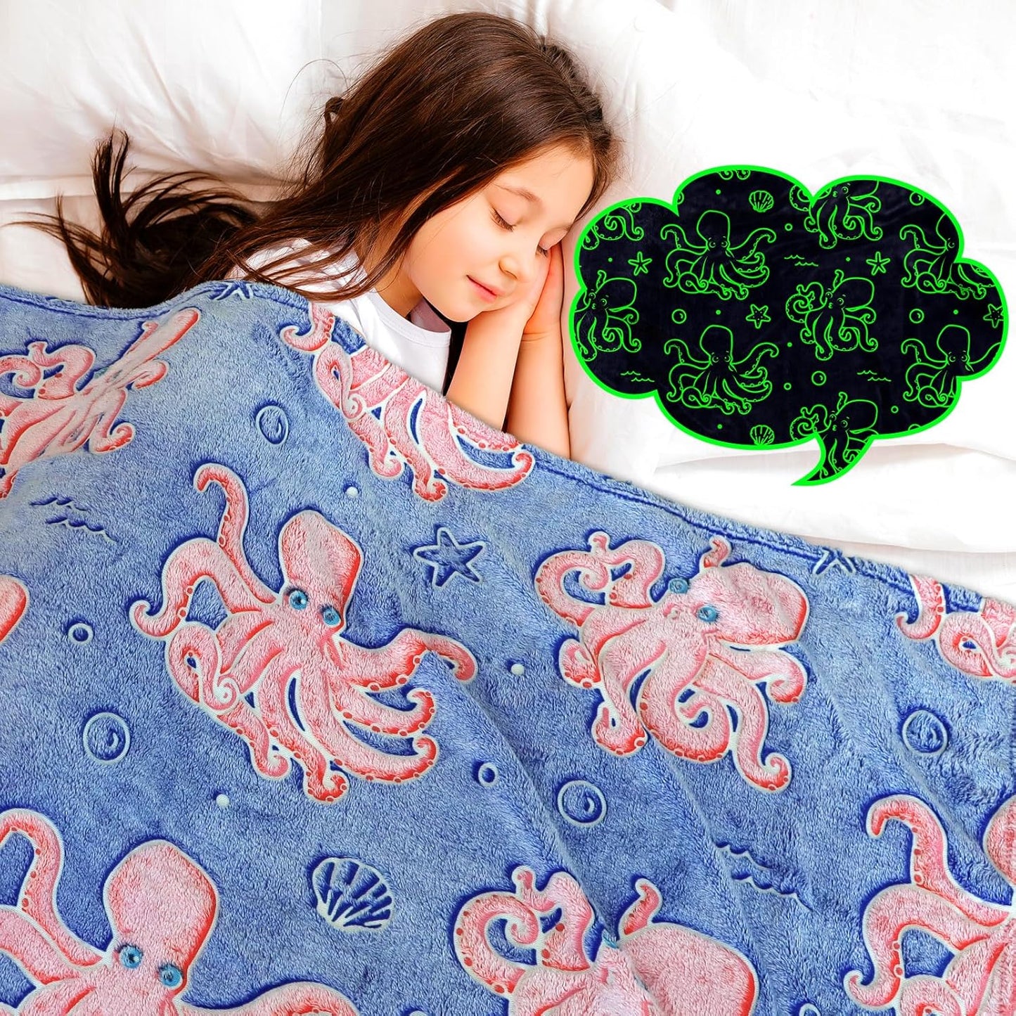 Glow in The Dark Octopus Blanket for Kids - Soft Fleece Ocean Animal Throw Blanket Sea Creature Octopus Gifts Toys for Boys & Girls 3-12 Years Old 50x60inch