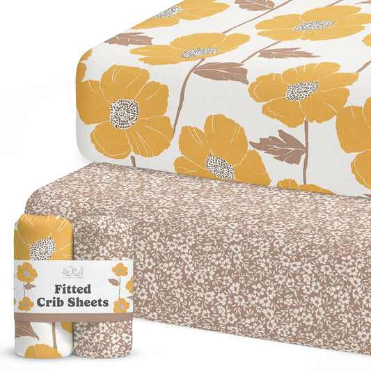 Crib Sheets Neutral - Fitted Baby Crib Sheets Bed for Girl Boy - 2 Pack Standard & Toddler Mattress (Poppy Fields) - Buttery Soft Organic Cotton Blend