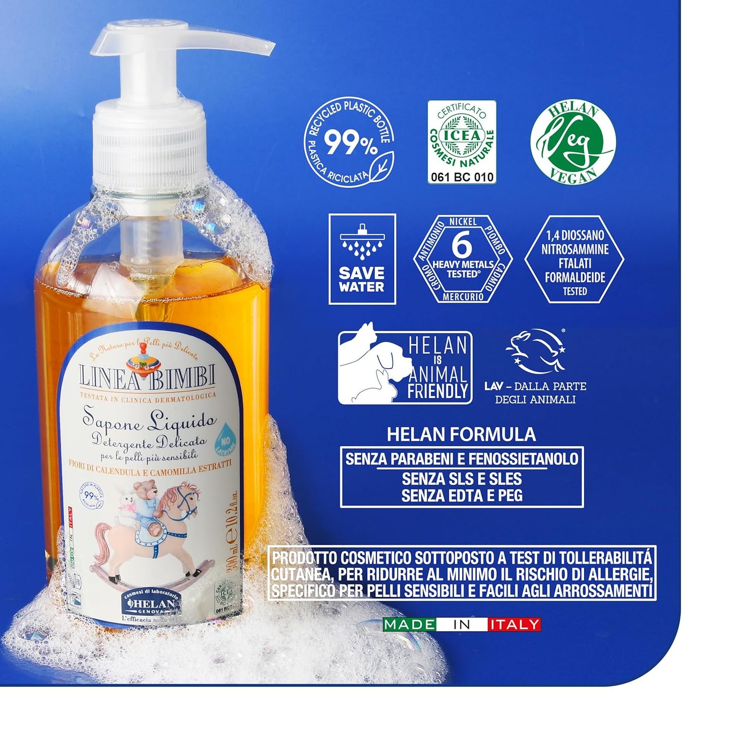 Helan Linea Bimbi Bio - Gentle Baby Soap for Face, Body & Hands with Dispenser, Body Wash for Babies, Plant-Based Cleanser with Calendula & Chamomile Extracts for Sensitive Skin Made in Italy 300fl oz