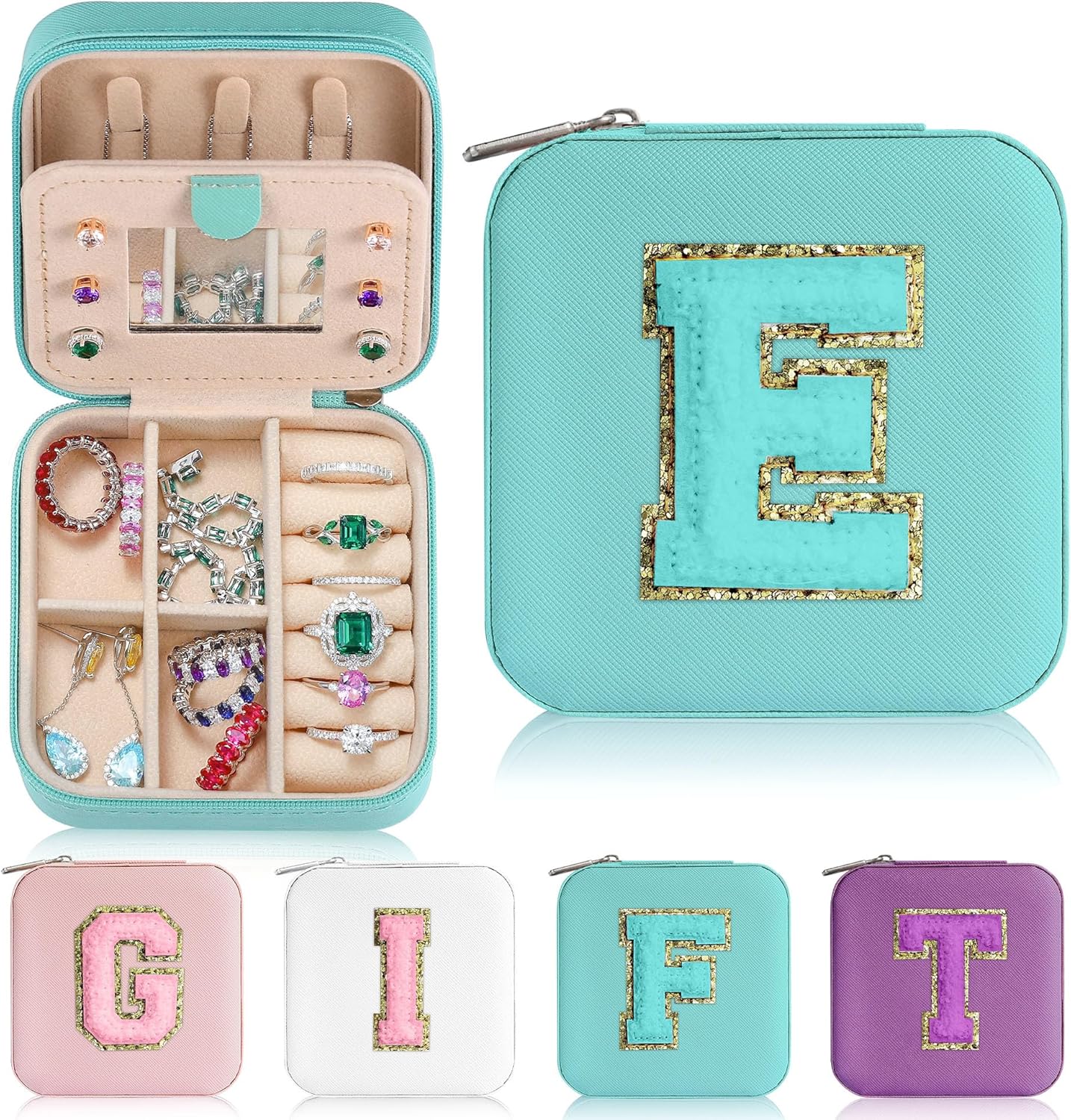 Parima Small Jewelry Box for Girls, Travel Must Have Jewelry Organizer Travel Case | Travel Gifts for Women Girls Jewelry Box | Graduation Gifts for Friends Female - Letter E, Aqua Blue