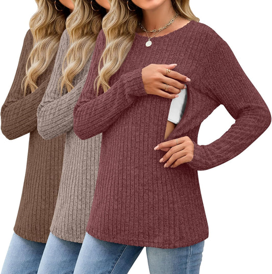 3 Pack Women's Nursing Long Sleeve Tops Breastfeeding Thermal Sweaters with Hidden Zipper Maternity Ribbed Shirts