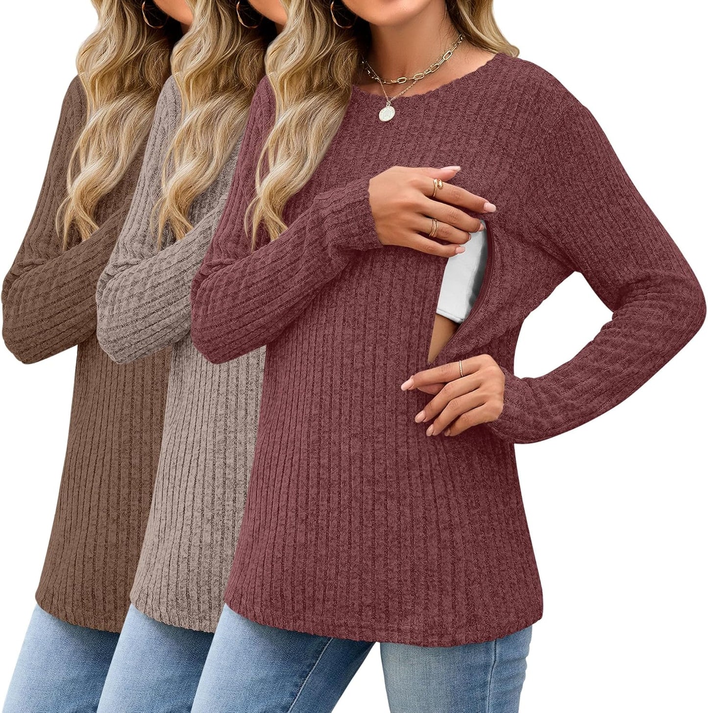 3 Pack Women's Nursing Long Sleeve Tops Breastfeeding Thermal Sweaters with Hidden Zipper Maternity Ribbed Shirts
