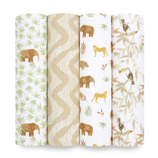aden + anais Essentials Muslin Swaddle Blankets for Baby Girls and Boys, Newborn Receiving Blanket for Swaddling, 100% Cotton Baby Swaddle Wrap, 4 Pack, Tanzania