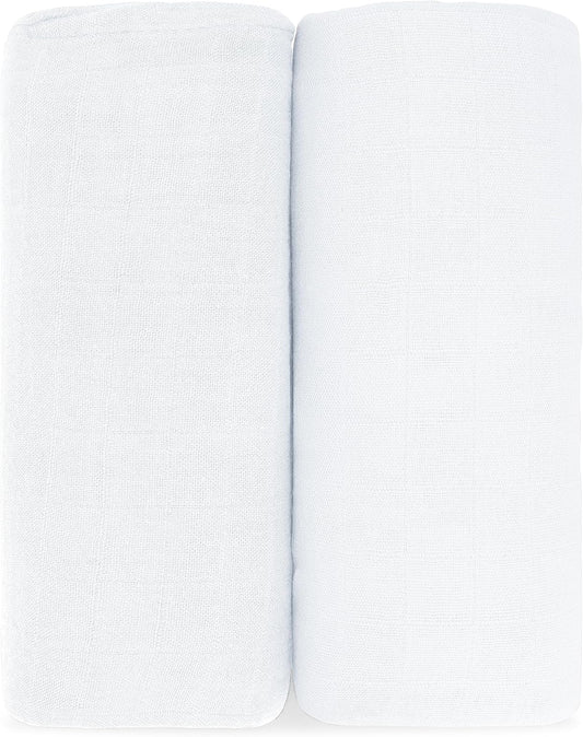 Comfy Cubs Muslin Swaddle Blankets Pack of 2 - 47 x 47 Inch Soft Cotton Baby Blanket Set, Large Multipurpose Wraps for Newborns - Self-Soothing Swaddles for Newborns - White