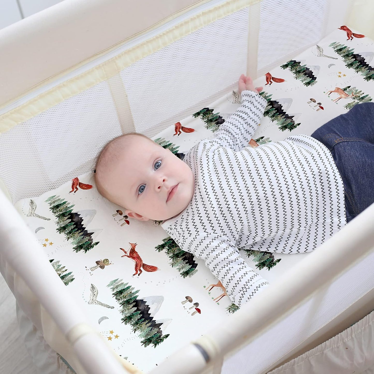 Pack and Play Sheets Fitted, Mini Crib Sheets for Graco Pack N Play Playard (38x26), Ultra Soft Organic Cotton Blend, Safe & Snug Playpen Mattress Sheet for Baby Boys & Girls – Starry Woodland, 2-Pack