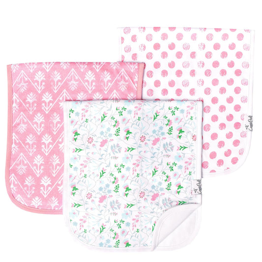 Copper Pearl Premium Baby Burp Cloths - 3-Pack Large Cotton Burp Cloths, Extra Soft Spit Up Rags with 3 Absorbent Layers, Perfect for Baby Girl Gifts (21" x 10" Size, Claire Set)