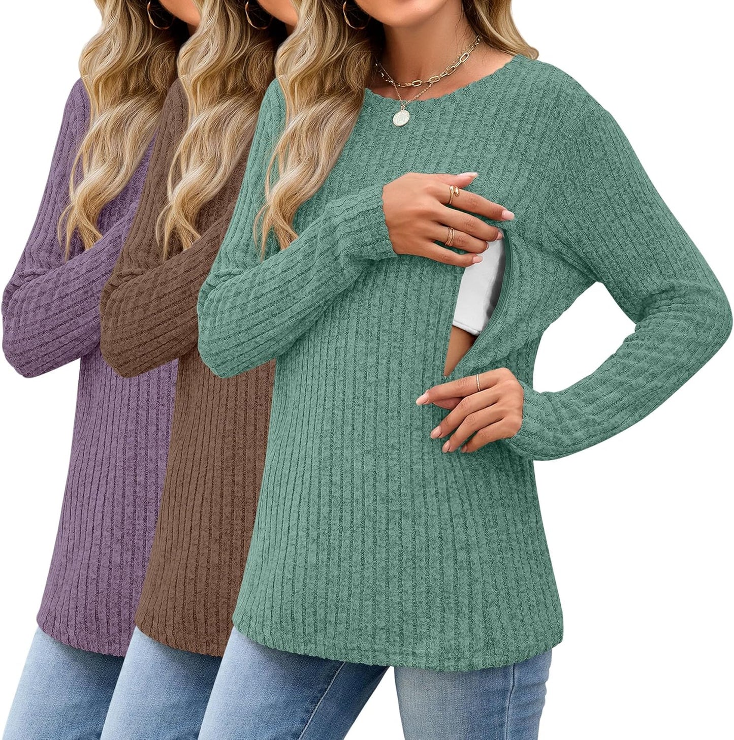 3 Pack Women's Nursing Long Sleeve Tops Breastfeeding Thermal Sweaters with Hidden Zipper Maternity Ribbed Shirts