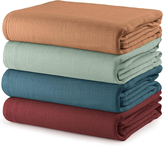 Comfy Cubs Muslin Swaddle Blankets Pack of 4, 47 x 47 Inches, Soft Cotton Baby Blanket Set, Large Multipurpose Swaddling Wraps for Newborns - Self-Soothing Swaddle - Wine, Neptune, Fern, Caramel